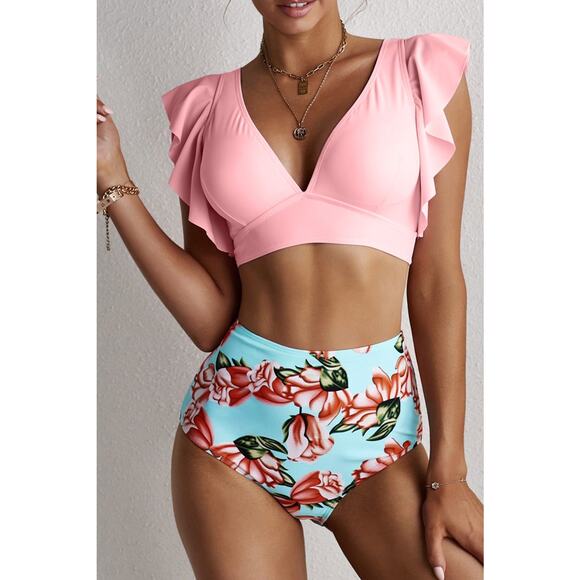 NWT Pink Ruffle Shoulder Top Floral Printed High Waist Bottom Bikini - Picture 2 of 9